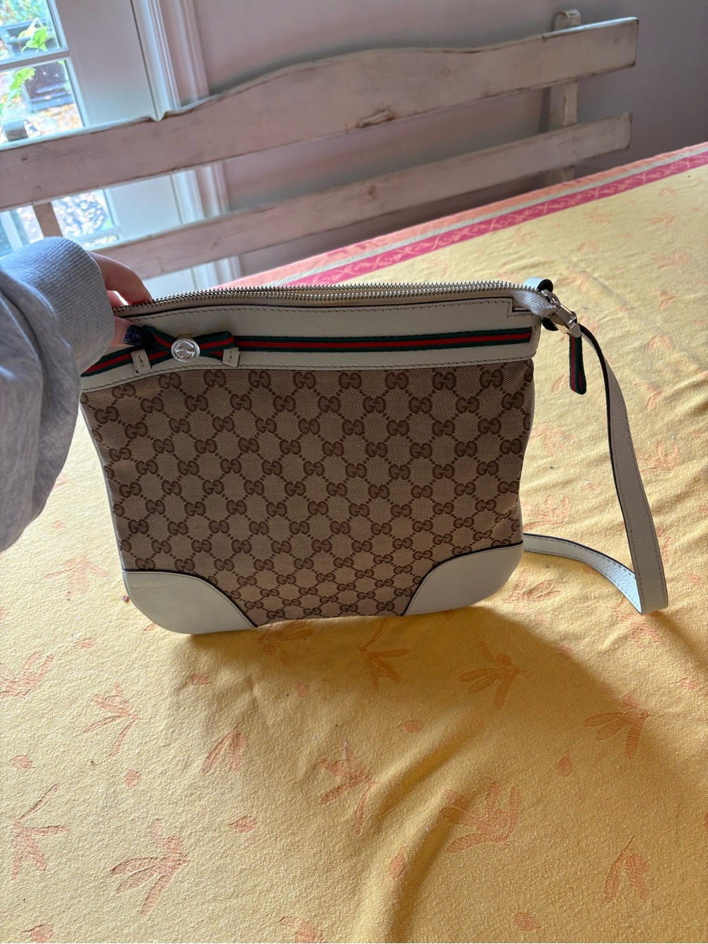 Gucci Brown GG Supreme Canvas Crossbody with White Trim and Green-Red Web